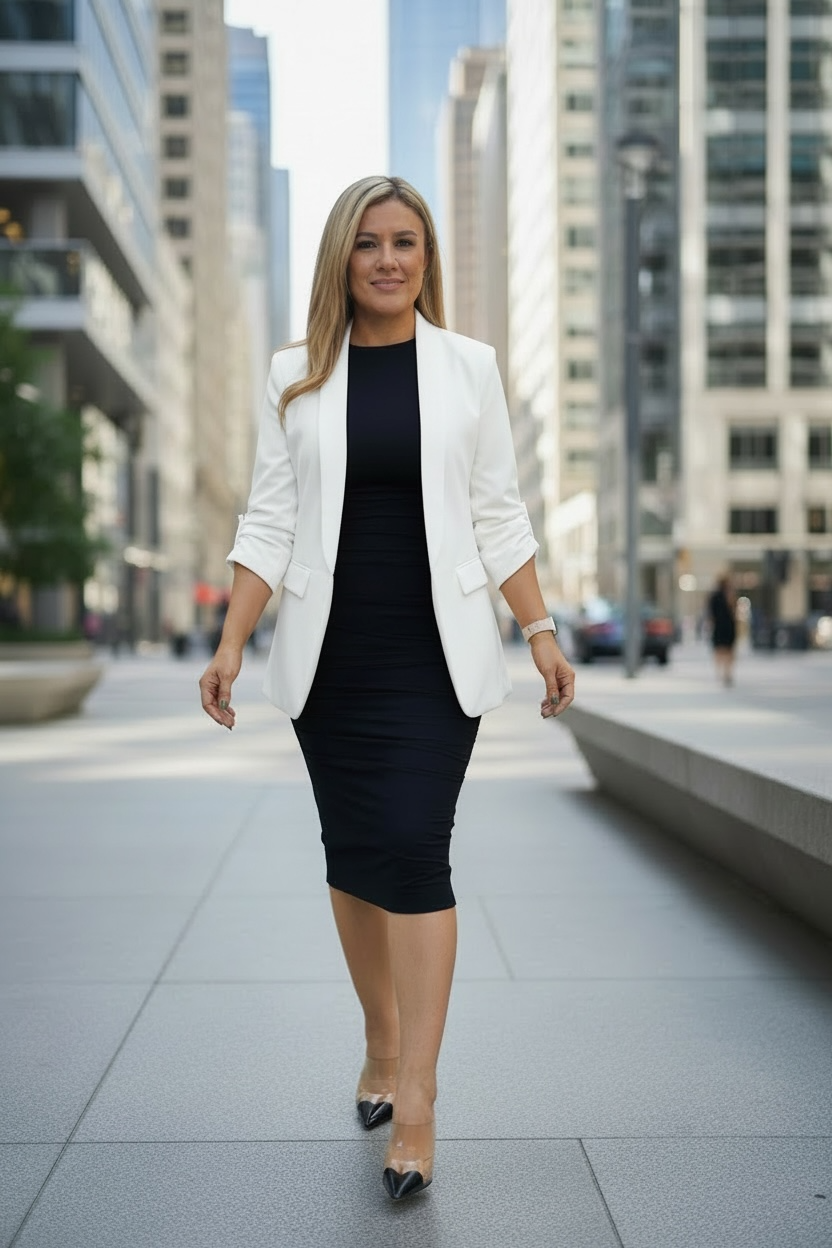 Blazer Blanco Casual Abierto con las Mangas Plisadas